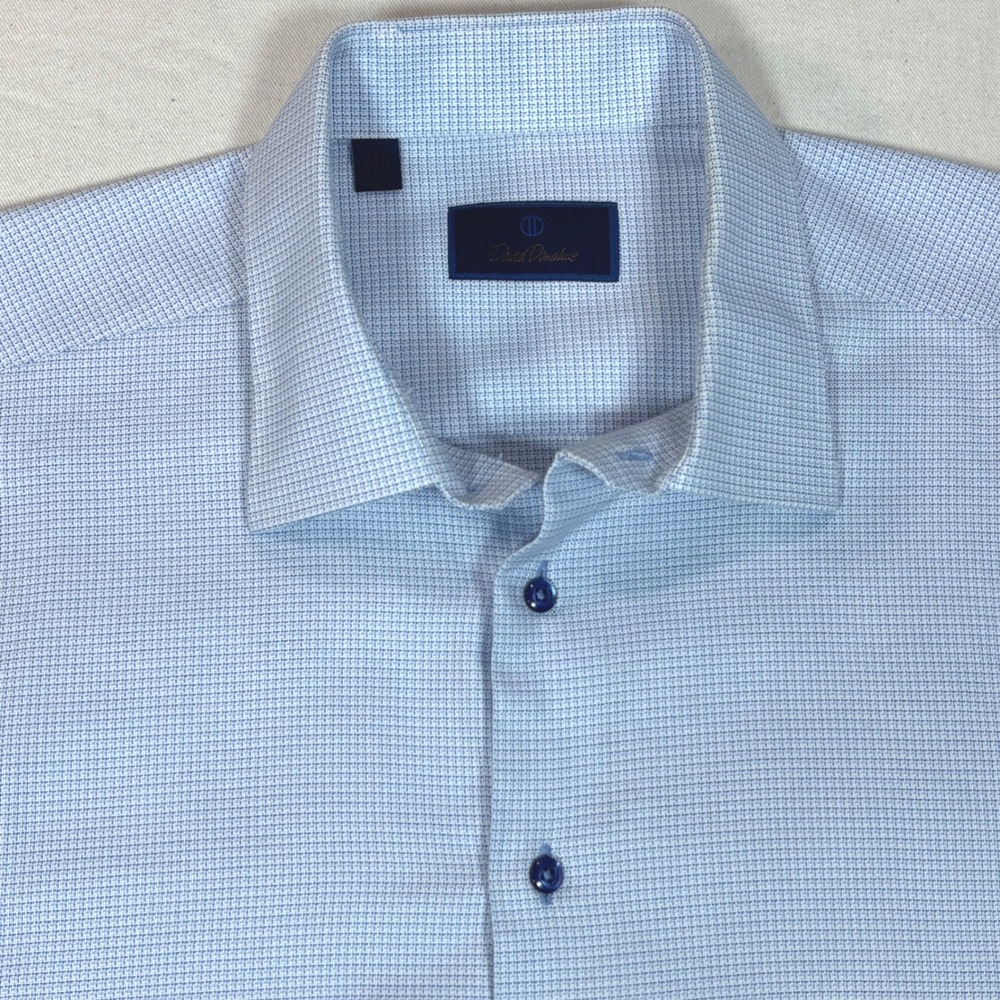 David Donahue Mens Blue White Micro Texture Cotton Dress Shirt Luxury 18.5 34/35